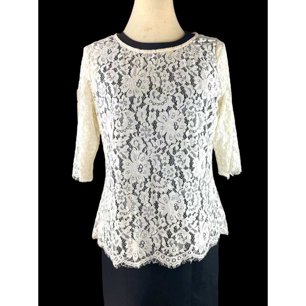 Willi Smith Top Size XL* Off White Lace Blouse Sheer Scalloped Eyelash Hem